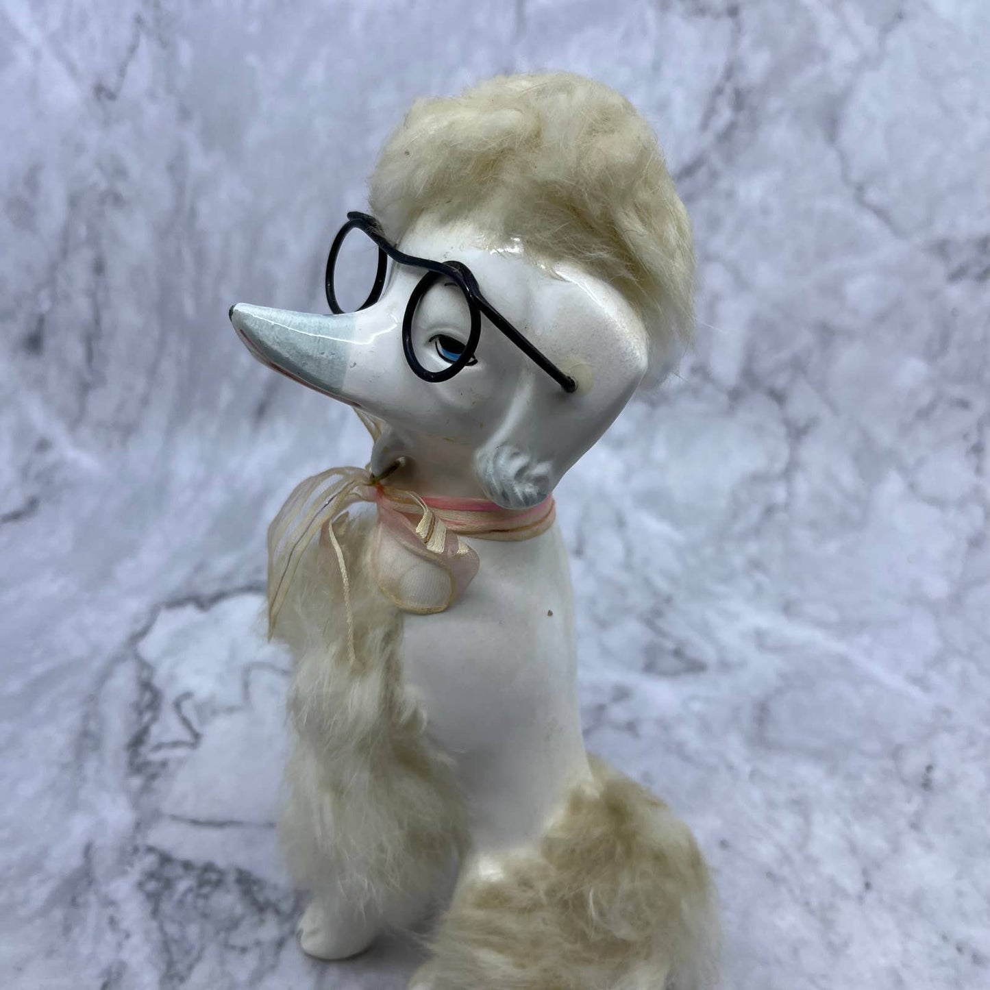 1950s MCM White Poodle Dog Figurine - Blue Glasses and Fur, Japan 4x7 TJ2