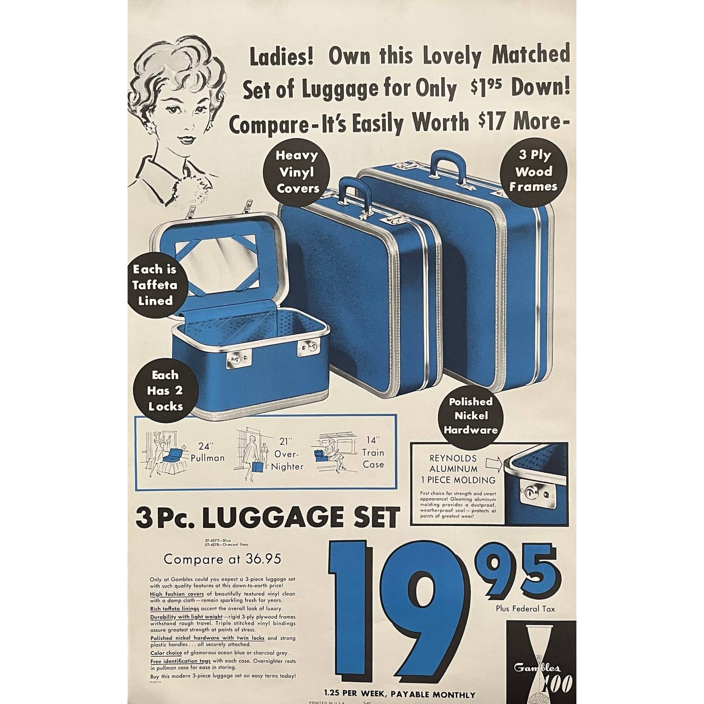 1960 3pc Luggage Set Gambles 100 Retail Store Display Advertising Poster 13.5x20