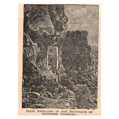 Mountain Cliff Dwelling Southern Colorado 2.5x3.5" Original Engraving 1899 TJ8-7