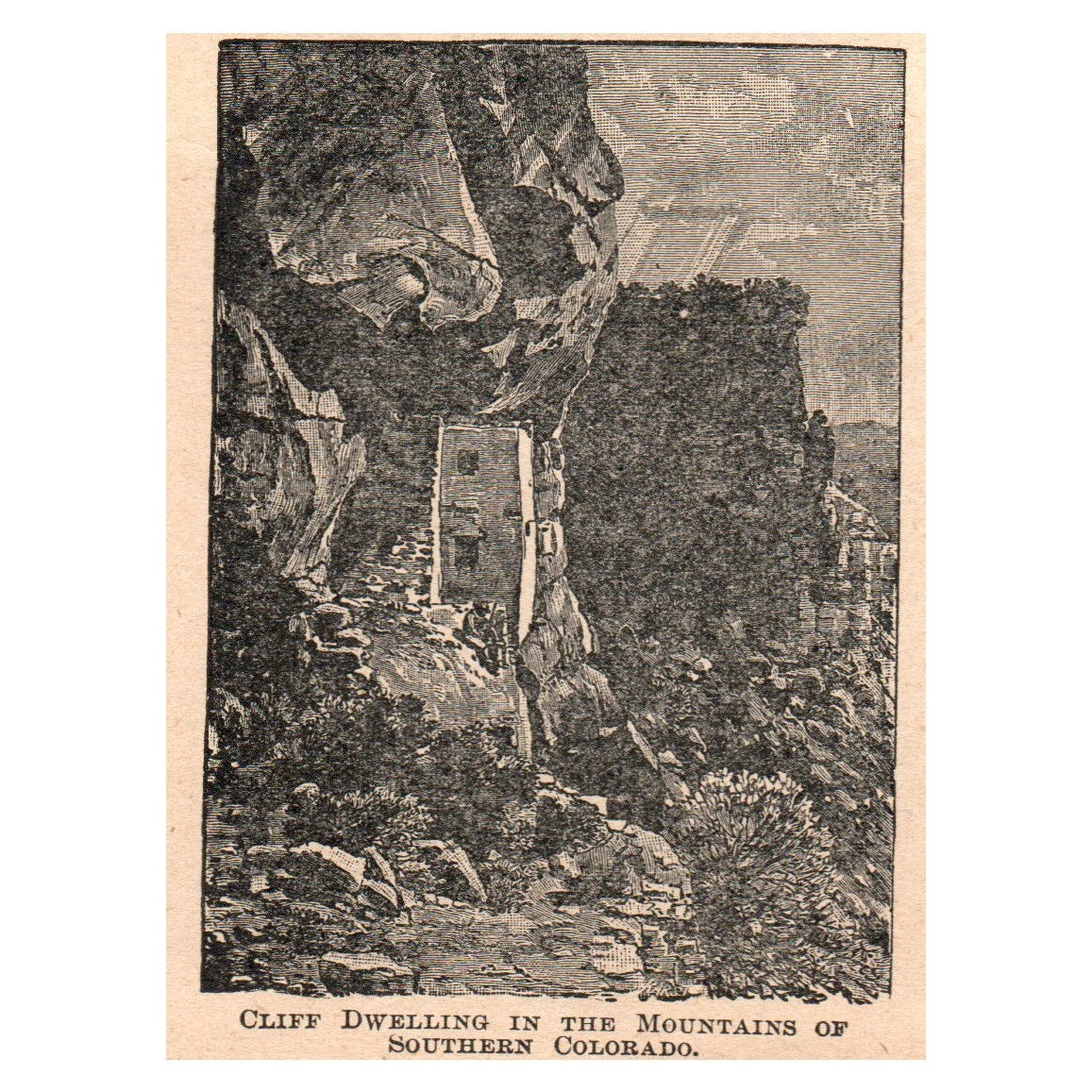 Mountain Cliff Dwelling Southern Colorado 2.5x3.5" Original Engraving 1899 AK5-M28