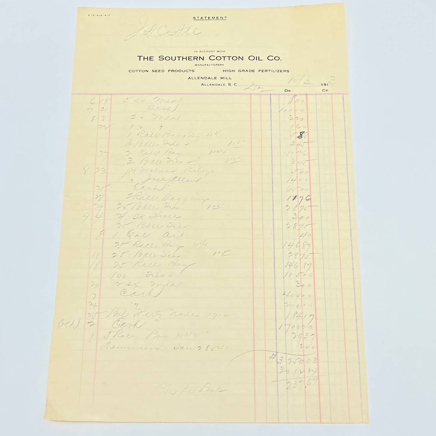 1913 Southern Cotton Oil Company Letterhead Receipt Allendale SC AB9-3