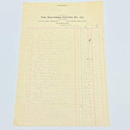 1913 Southern Cotton Oil Company Letterhead Receipt Allendale SC AB9-3