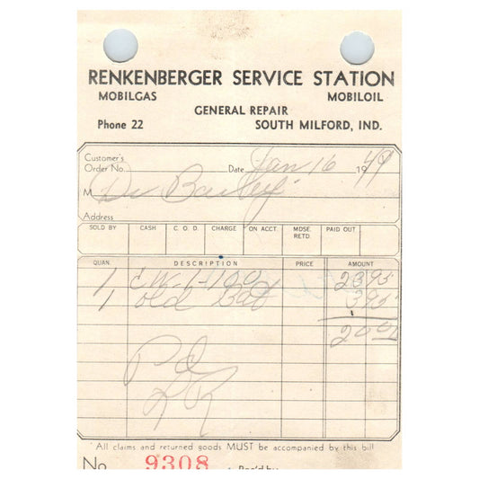 1949 Reckenberger Service Station Mobiloil Mobilgas South Milford IN 9308 AD8