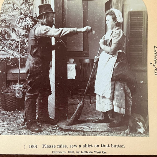 Victorian Humor Couple "Miss Sew a Shirt" 1893 Antique Stereoview Card TJ9-V4