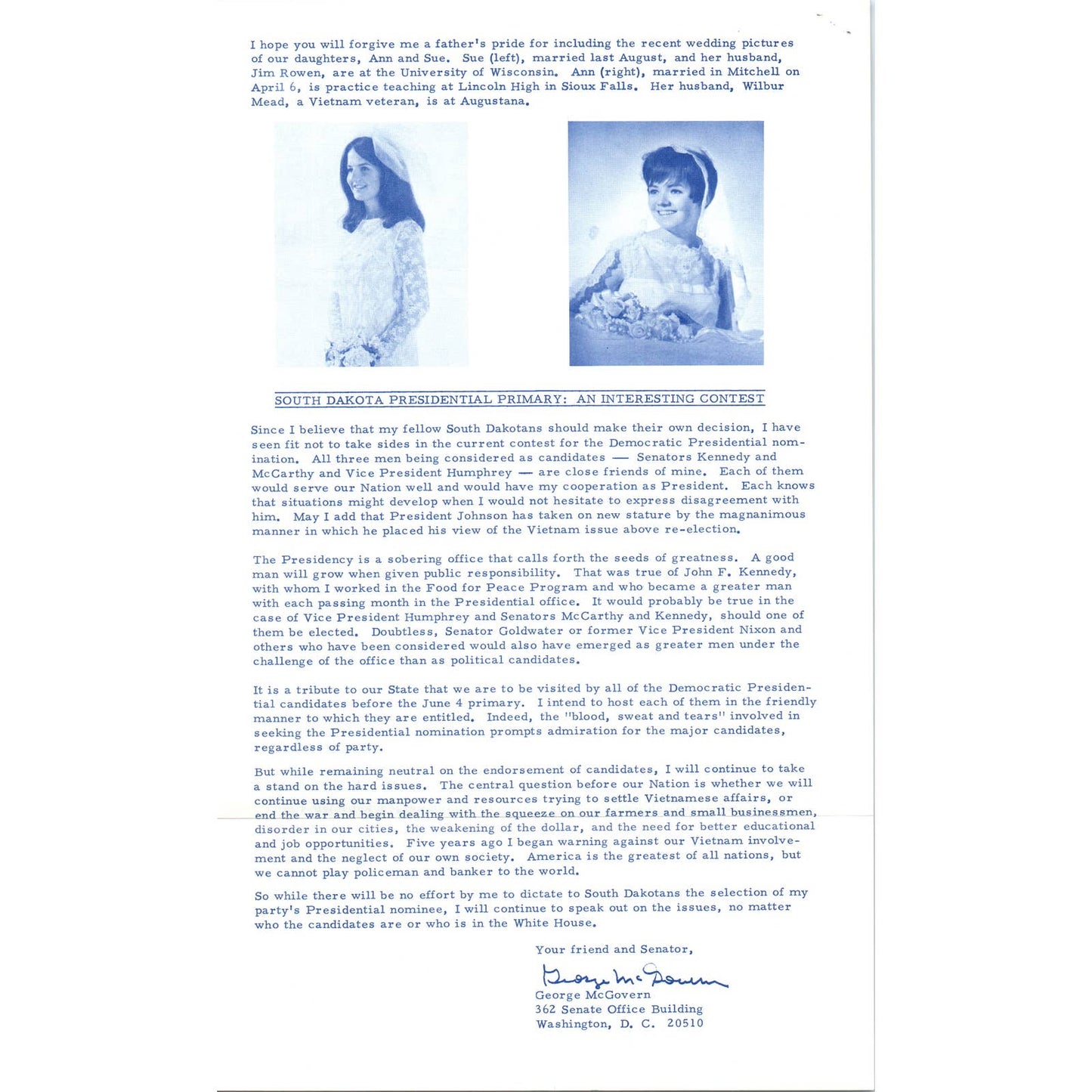 Senator George McGovern Reports Newsletter April 1968 Original TK1-P7