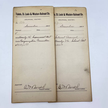 1900 Toledo, St. Louis & Western Railroad Company Journal Entry Lot of 2 AB2-3