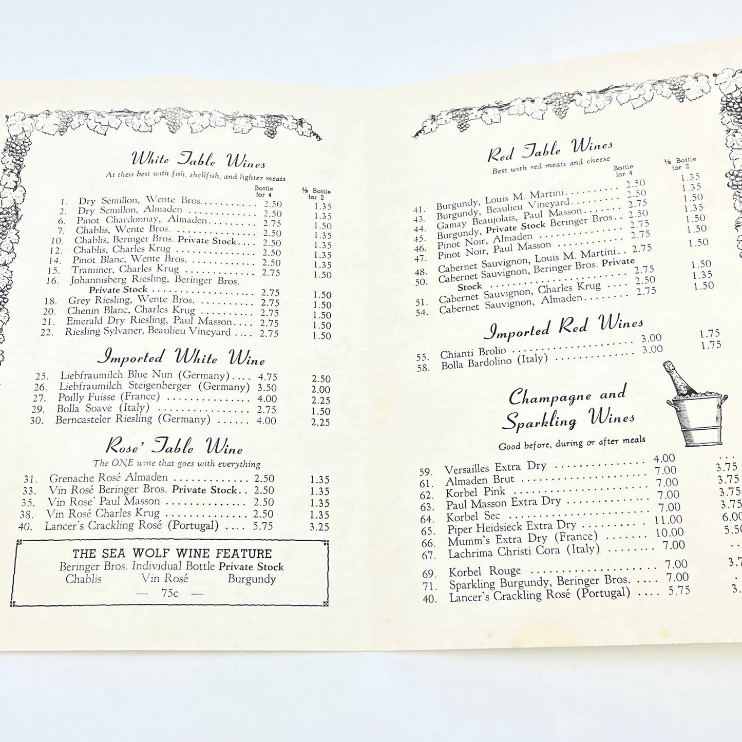 1960s The Sea Wolf Bar Restaurant Wine List Menu Jack London Square Oakland FL3