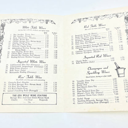 1960s The Sea Wolf Bar Restaurant Wine List Menu Jack London Square Oakland FL3