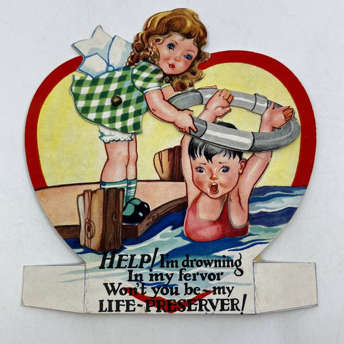 1920s Mechanical Moving Valentine Girl Dog Die Cut Stand Up Life Preserver AC8