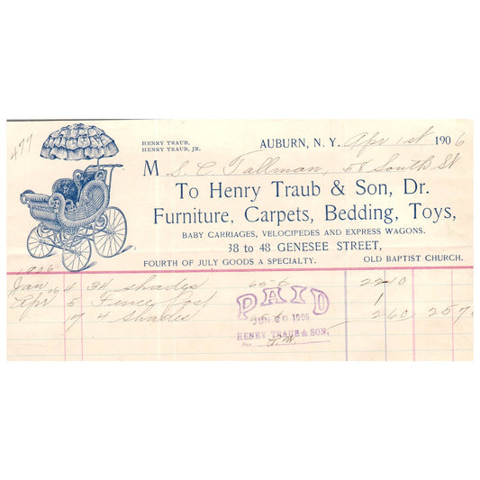 1906 Henry Traub & Son Baby Carriages Letterhead Billhead Auburn NY AC9