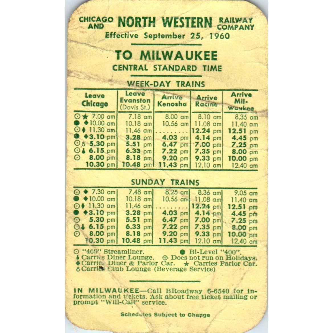 1960 Chicago and Northwestern Railway Company Timetable Card Milwaukee SE4