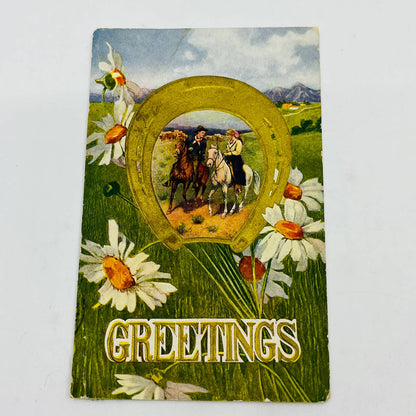 1910s Post Card Embossed Mountains Horseshoe Man & Woman Riding Horse Daisy PA7