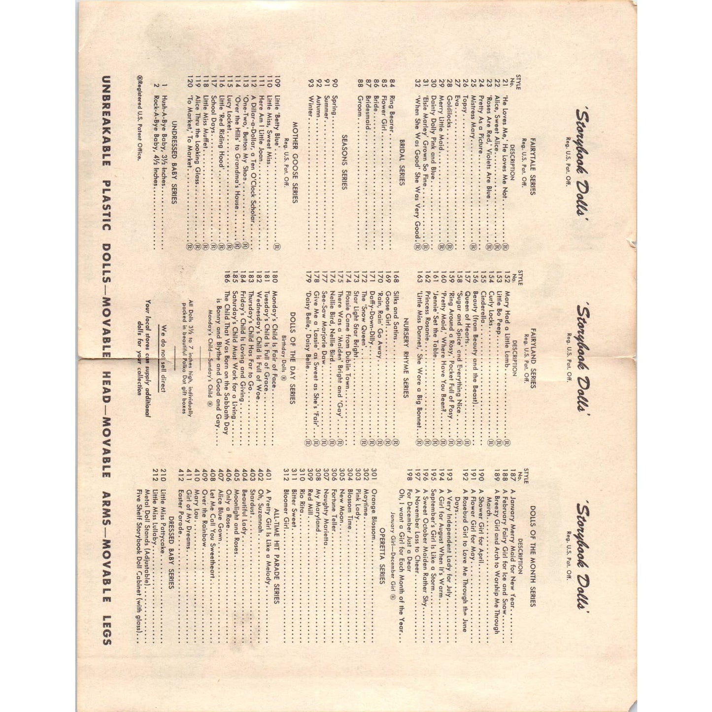 Nancy Ann Storybook Dolls Advertising Leaflet Unbreakable Plastic Dolls SE8