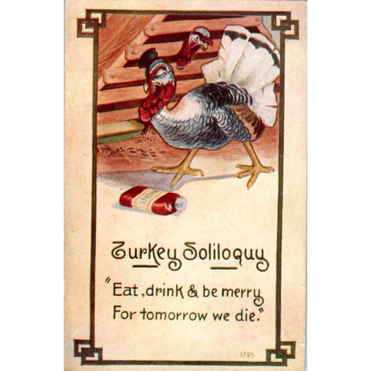 Thanksgiving Eat Drink & Be Merry for Tomorrow We Die 1909 Postcard TK1-22