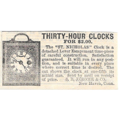 Thirty Hour Clocks S.B. Jerome & Co New Haven CT - Ad 1878 Original TJ7-L2-4