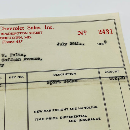 1939 Chevrolet JB Sport Sedan Invoice $802 Hoffman Chevrolet Hagerstown MD D1