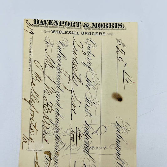 1882 Bank Check Davenport & Morris Grocers JH Warner NY Richmond VA AA5