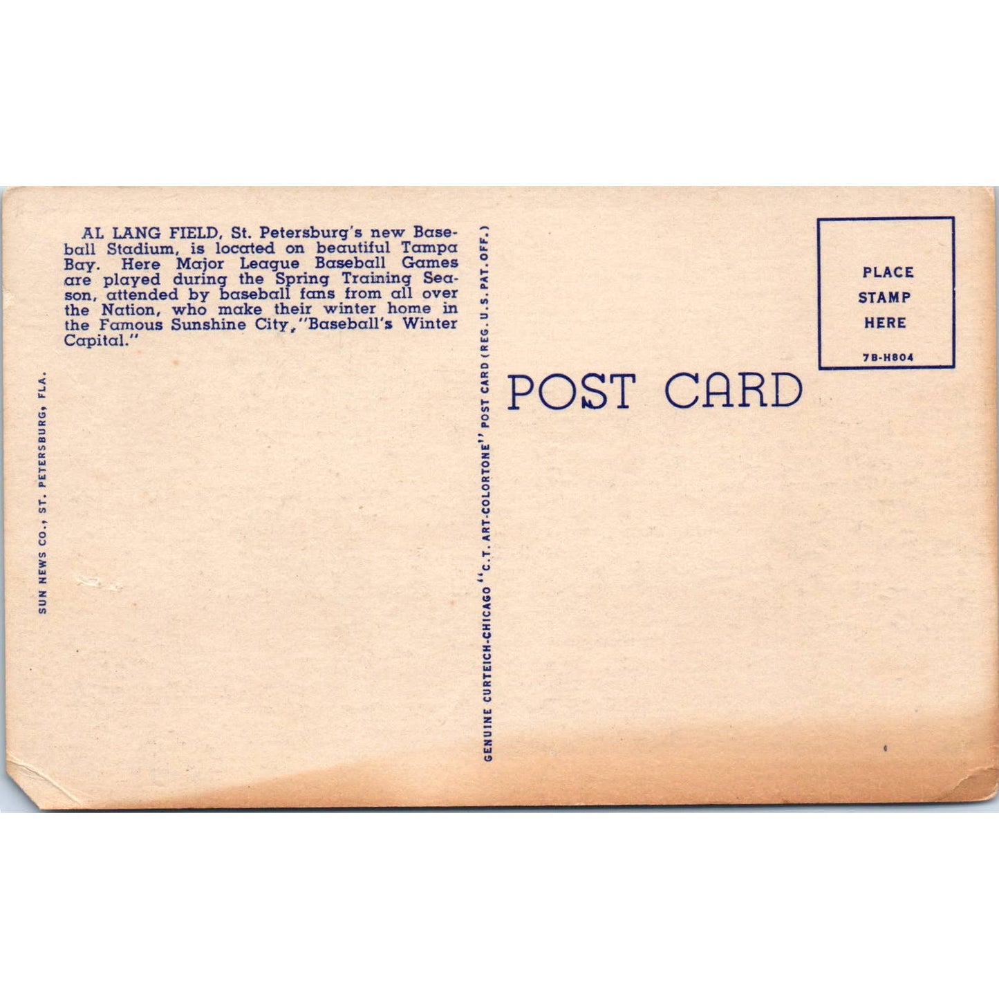Al Lang Field Tampa Bay Florida Sunshine City Original Postcard TK1-24