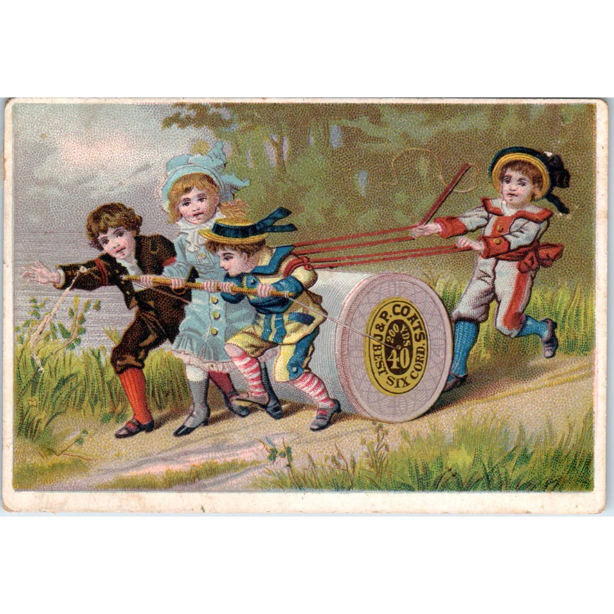 1880s Victorian Trade Card J&P Coats Children With Giant Spool of Thread SF2