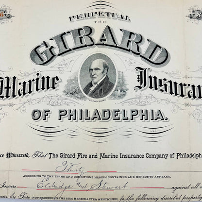 1890 Engraved Policy Girard Fire & Marine  Insurance Company Philadelphia PA AA5