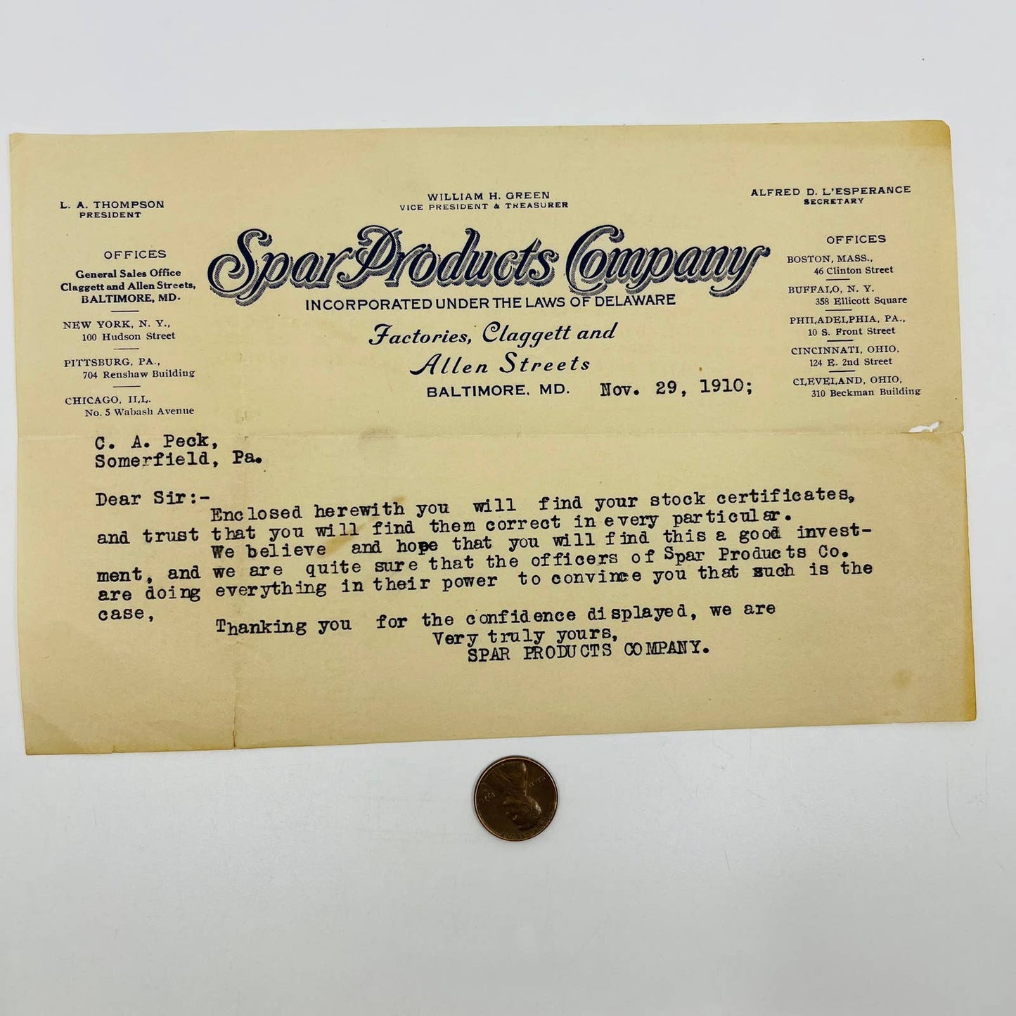 1910 Spar Products Company Letterhead Memo Baltimore MD Clagget & Allen St. D2