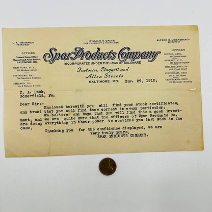 1910 Spar Products Company Letterhead Memo Baltimore MD Clagget & Allen St. D2