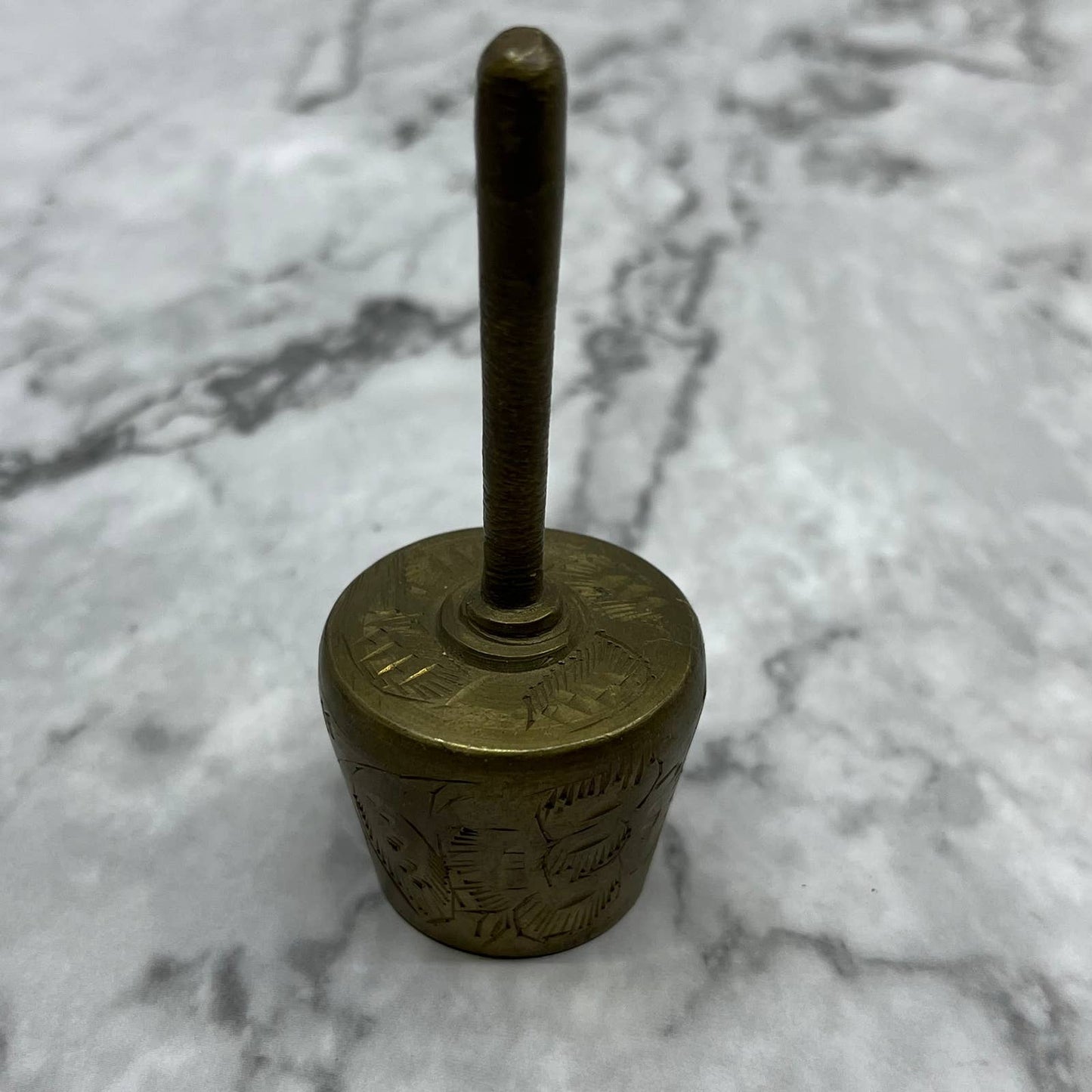 Vintage Etched Long Handle Brass Bell of Sarna 3.5" India SA2