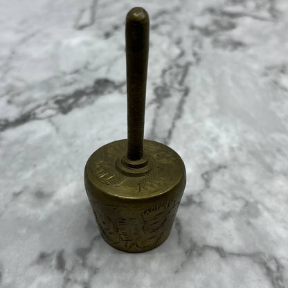 Vintage Etched Long Handle Brass Bell of Sarna 3.5" India SA2