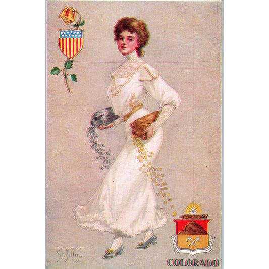 1909 Victorian Lady with Gold, Silver Coins Colorado Original Postcard TK1-29