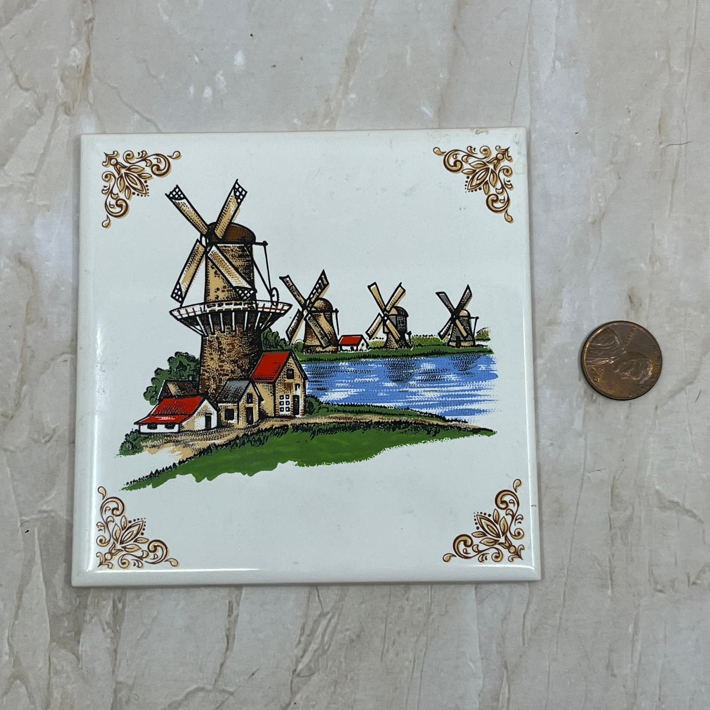 Villeroy And Boch 4" Tile Trivet Dutch Scene Windmills Made in France TE5-1