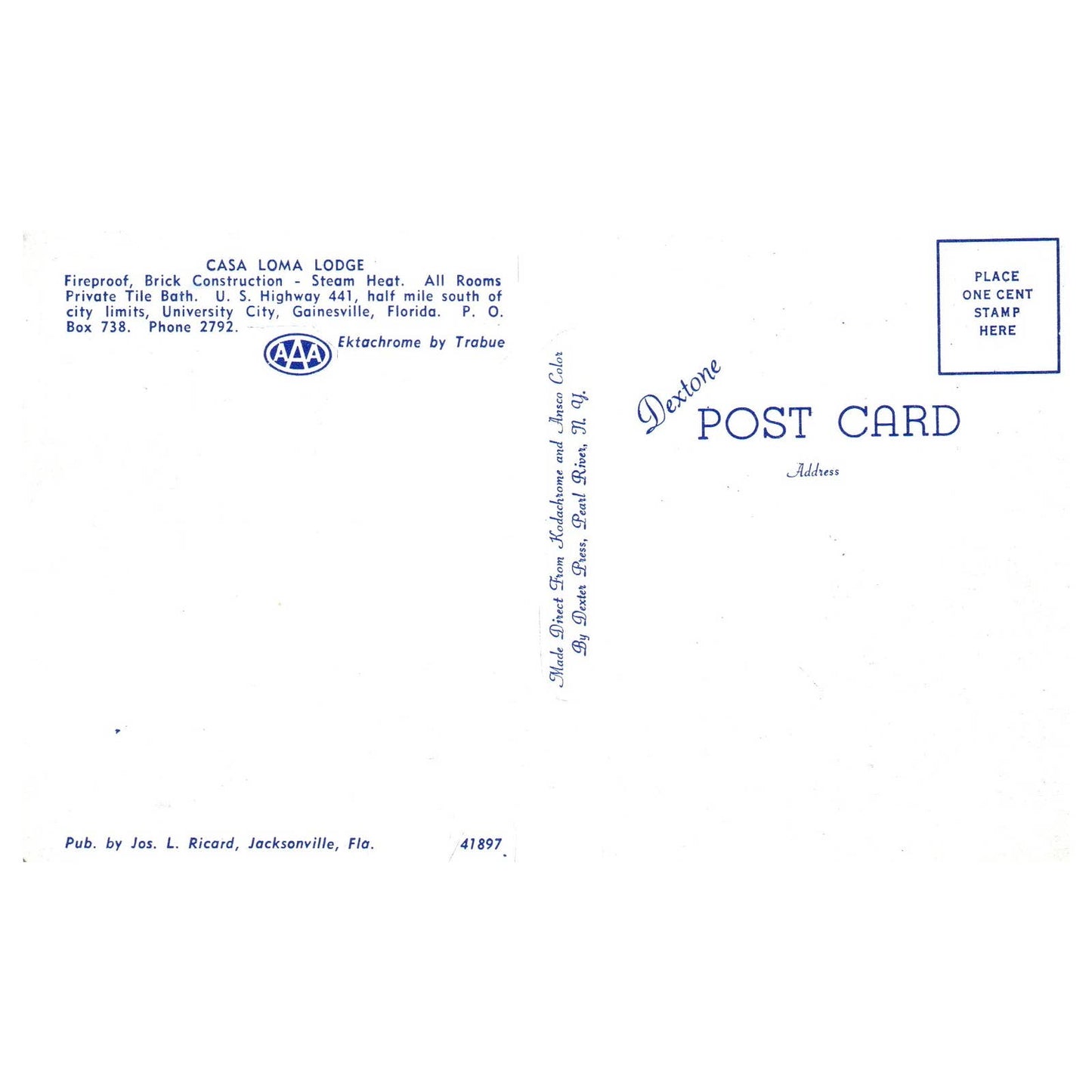 Vintage Postcard -  Casa Loma Lodge AAA Gainesville Florida TJ7-1