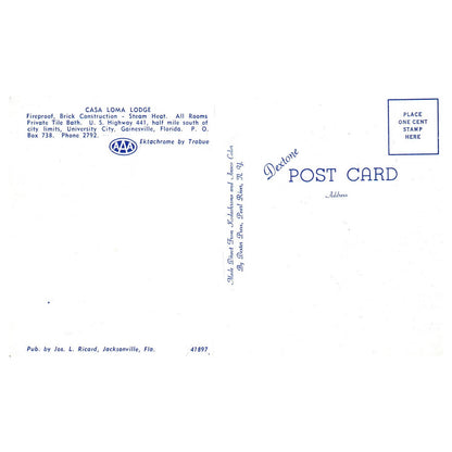 Vintage Postcard -  Casa Loma Lodge AAA Gainesville Florida TJ7-1