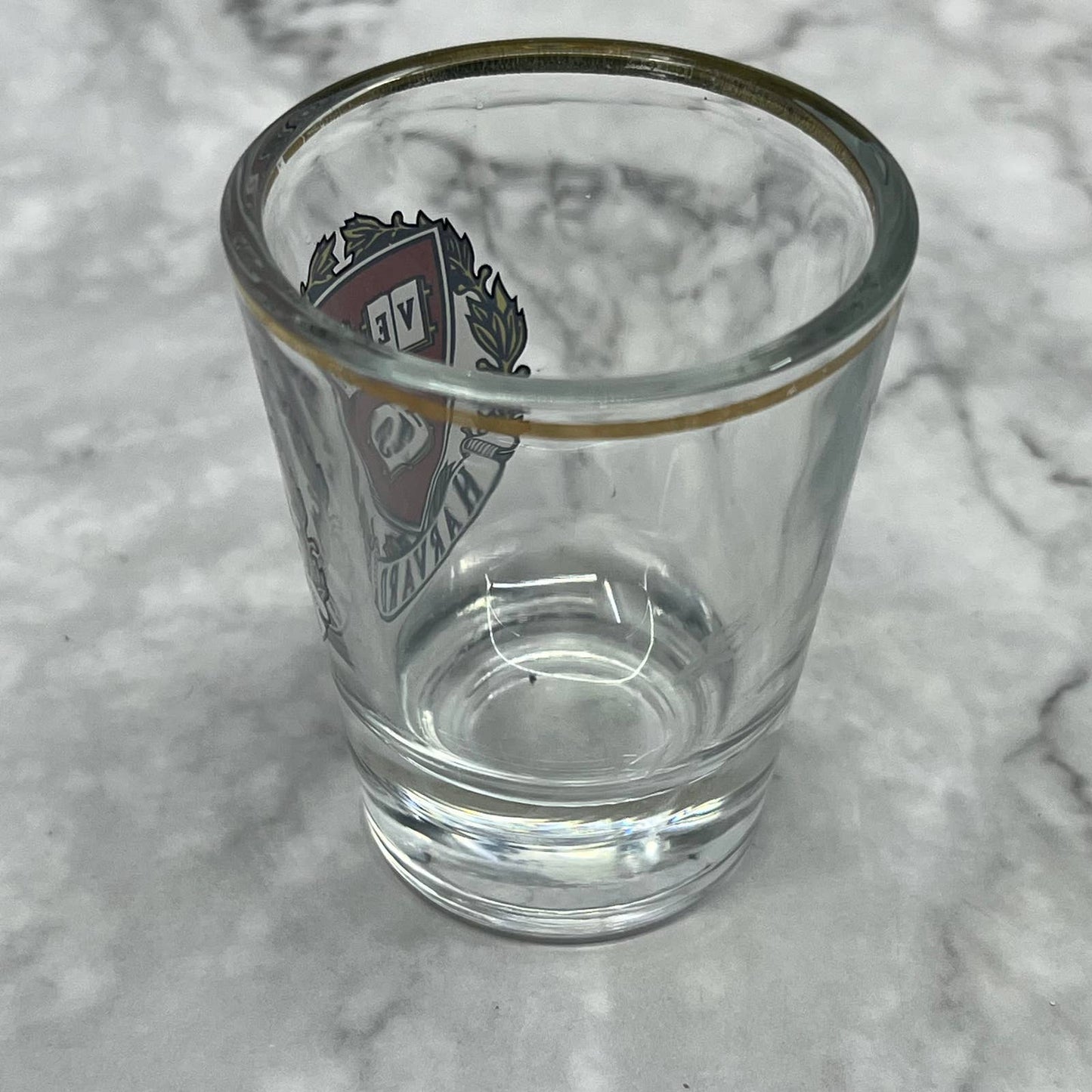 Vintage Shot Glass HARVARD UNIVERSITY Clear Gold Highlights Bar Ware Veritas TI9