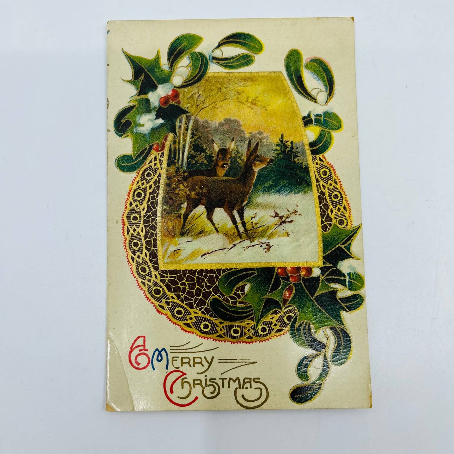 1910s Christmas Post Card Holly Deer Snow Gold PA4