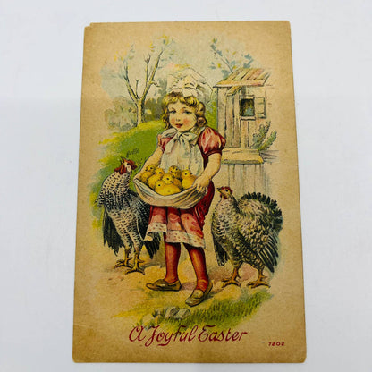 1910s Easter Post Card Rooster Chicken Girl w/ Apron Full of Baby Chicks PA5