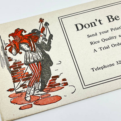 1910s Blotter Card The Rice Press Don’t Be Fooled Jester Joker Flint MI SC8