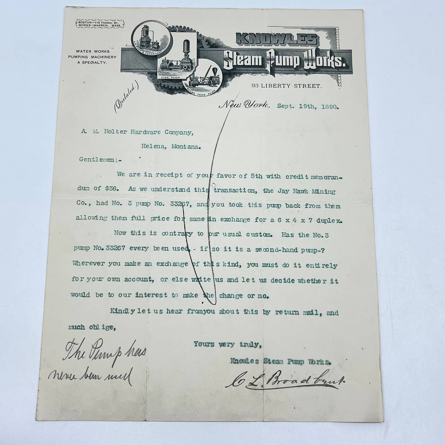 1890 Knowles Steam Pump Works Letterhead 93 Liberty Street NY AB5