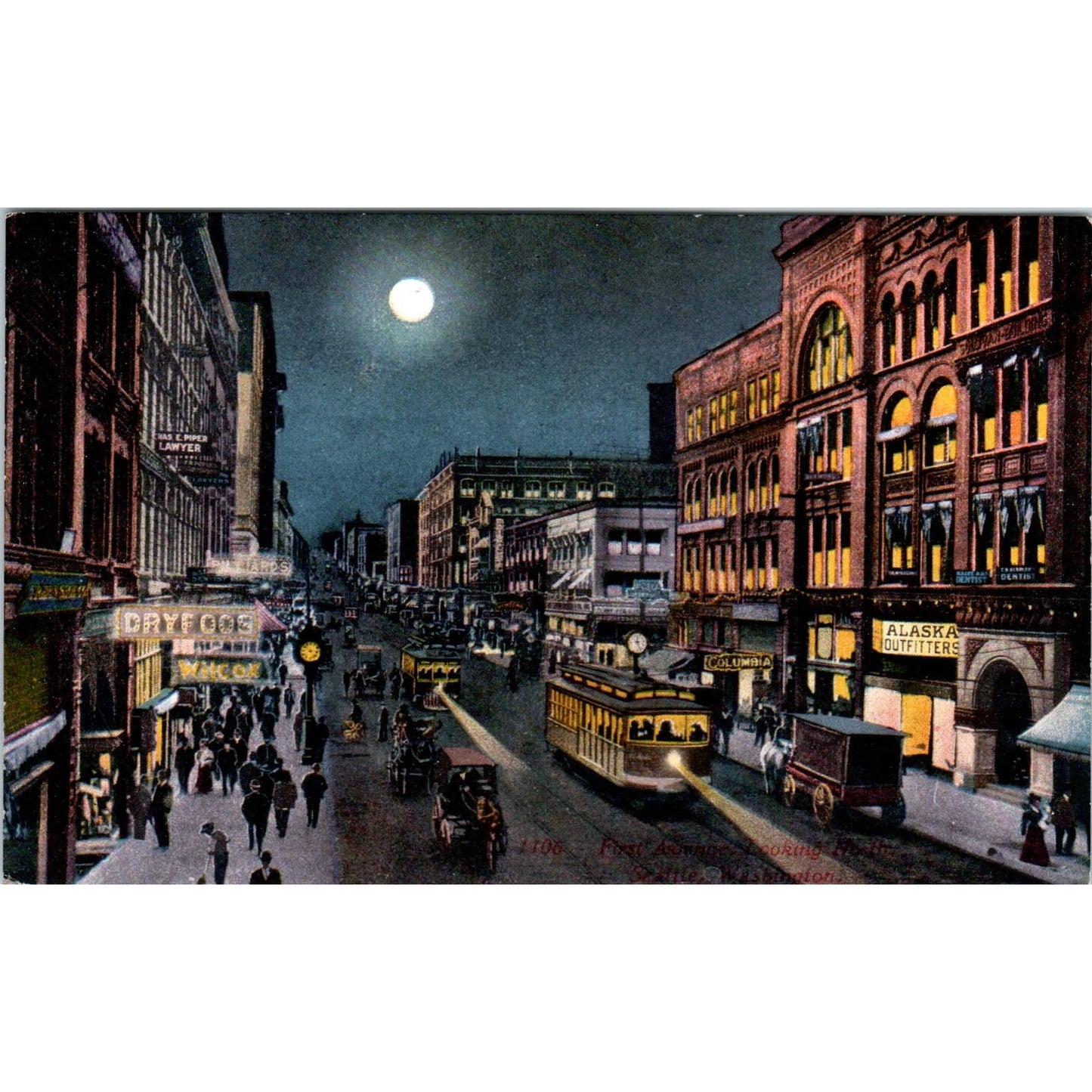 Vintage Postcard First Ave Looking North at Night Seattle Washington TD9