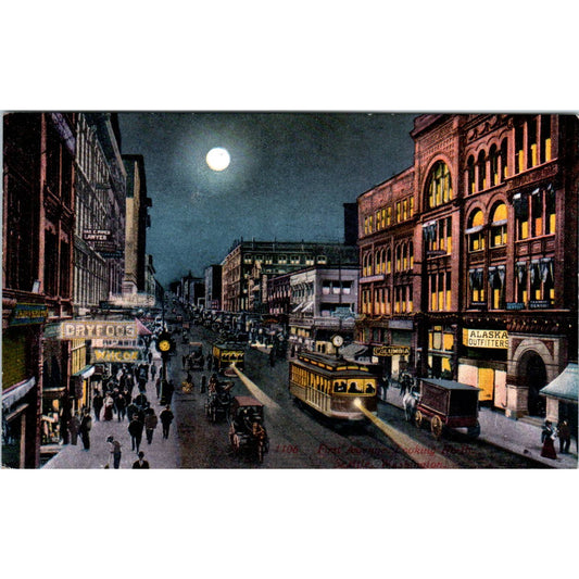 Vintage Postcard First Ave Looking North at Night Seattle Washington TD9