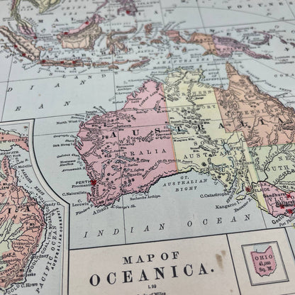 1896 Engraved Tinted Commercial Map of Australia Oceania 9x12" FL5