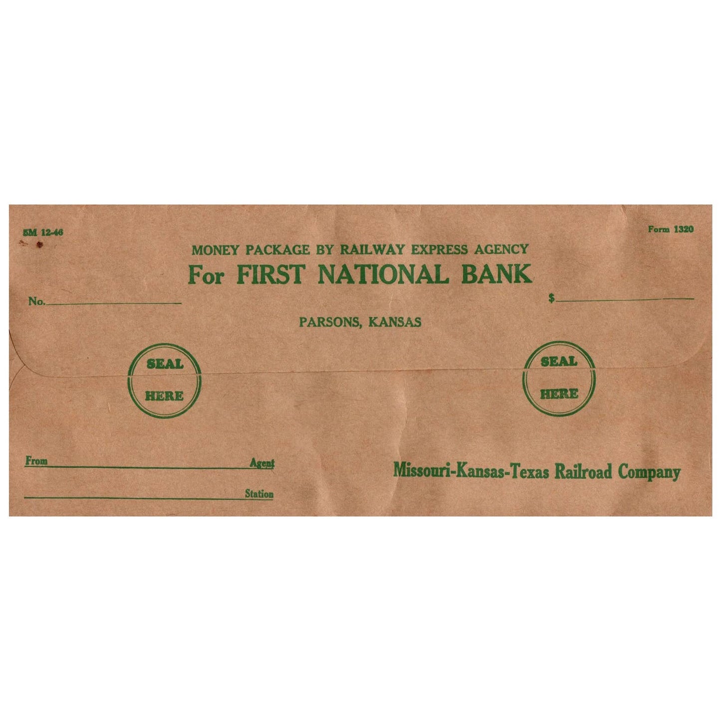 1946 Missouri-Kansas-Texas Lines Railroad Bank Envelope Parsons Kansas Blank SE4