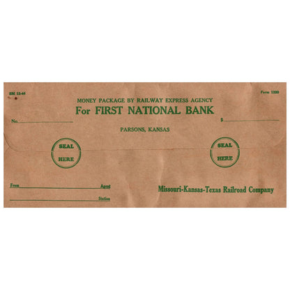 1946 Missouri-Kansas-Texas Lines Railroad Bank Envelope Parsons Kansas Blank SE4