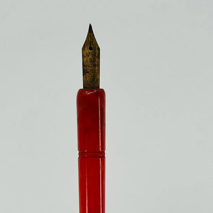 VTG Red and Orange Marbled Celluloid  Fountain Dip Pen w Regal 14k Plate Nib SE1