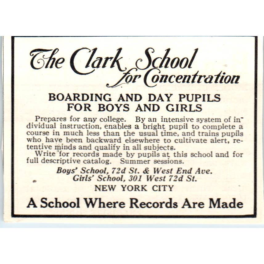 c1920 Harper's Magazine Ad - The Clark School for Concentration New York City EA3