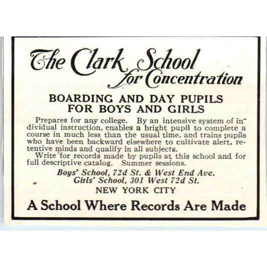 c1920 Harper's Magazine Ad - The Clark School for Concentration New York City EA3
