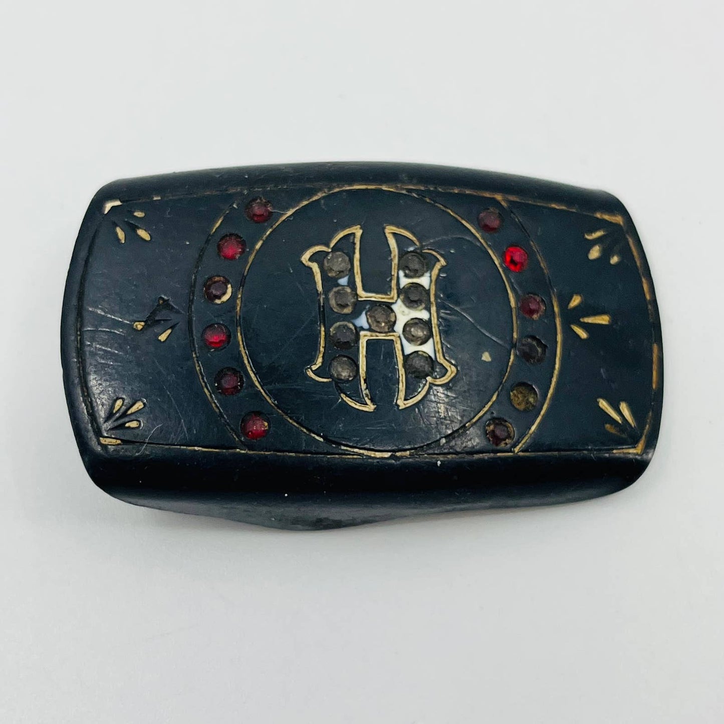 Vintage Bakelite Rhinestone Monogrammed “H” Belt Buckle 2” SB3