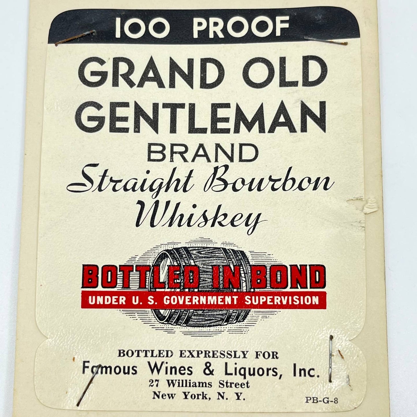 Grand Old Gentleman Bourbon Whiskey Label Famous Wines & Liquors New York NY