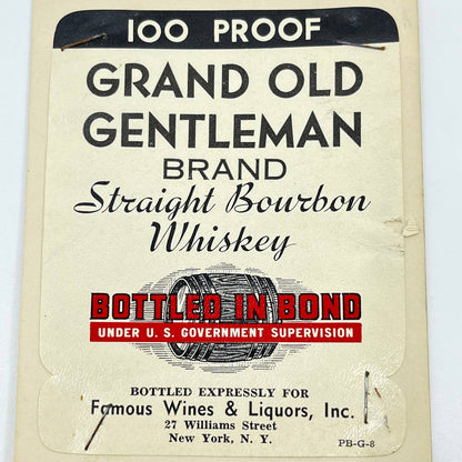 Grand Old Gentleman Bourbon Whiskey Label Famous Wines & Liquors New York NY