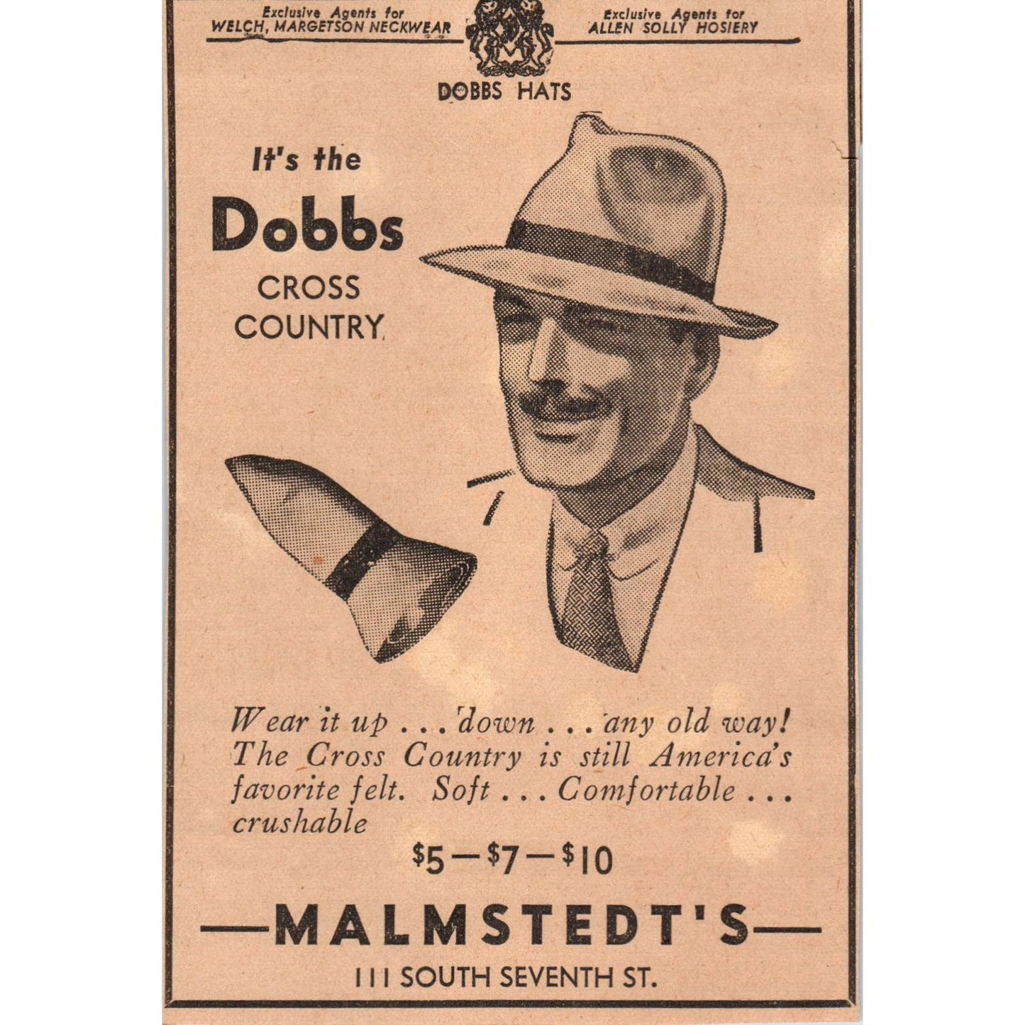 1935 Minneapolis Journal Newspaper Ad Malmstedt's Dobbs Hats S. 7th St. FL5-5