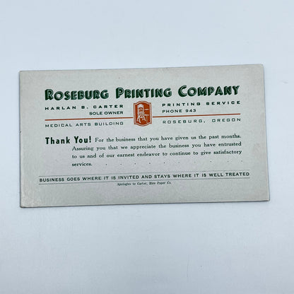 1930s Blotter Card Roseburg Printing Company Harlan B. Carter Roseburg OR SC8